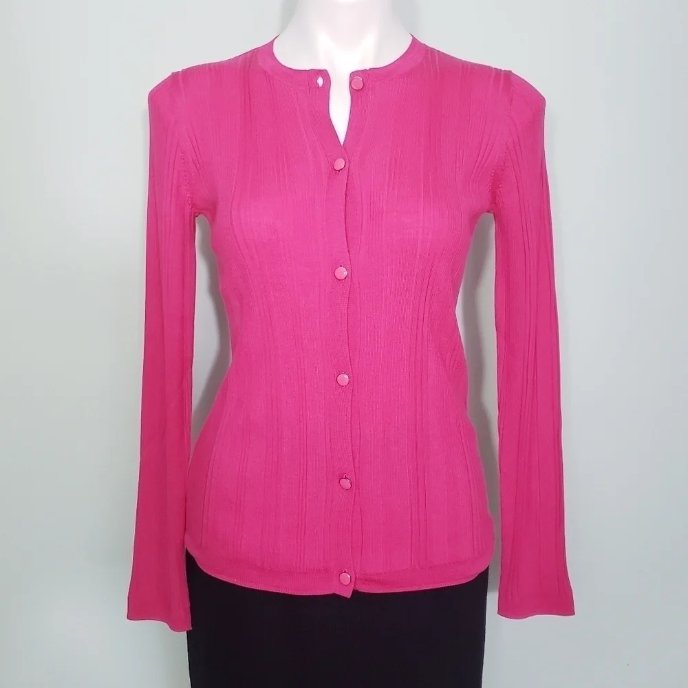 NWT St. John Super Fine Wool & Silk Ribbed Cardigan Flamingo - Picture 1 of 10